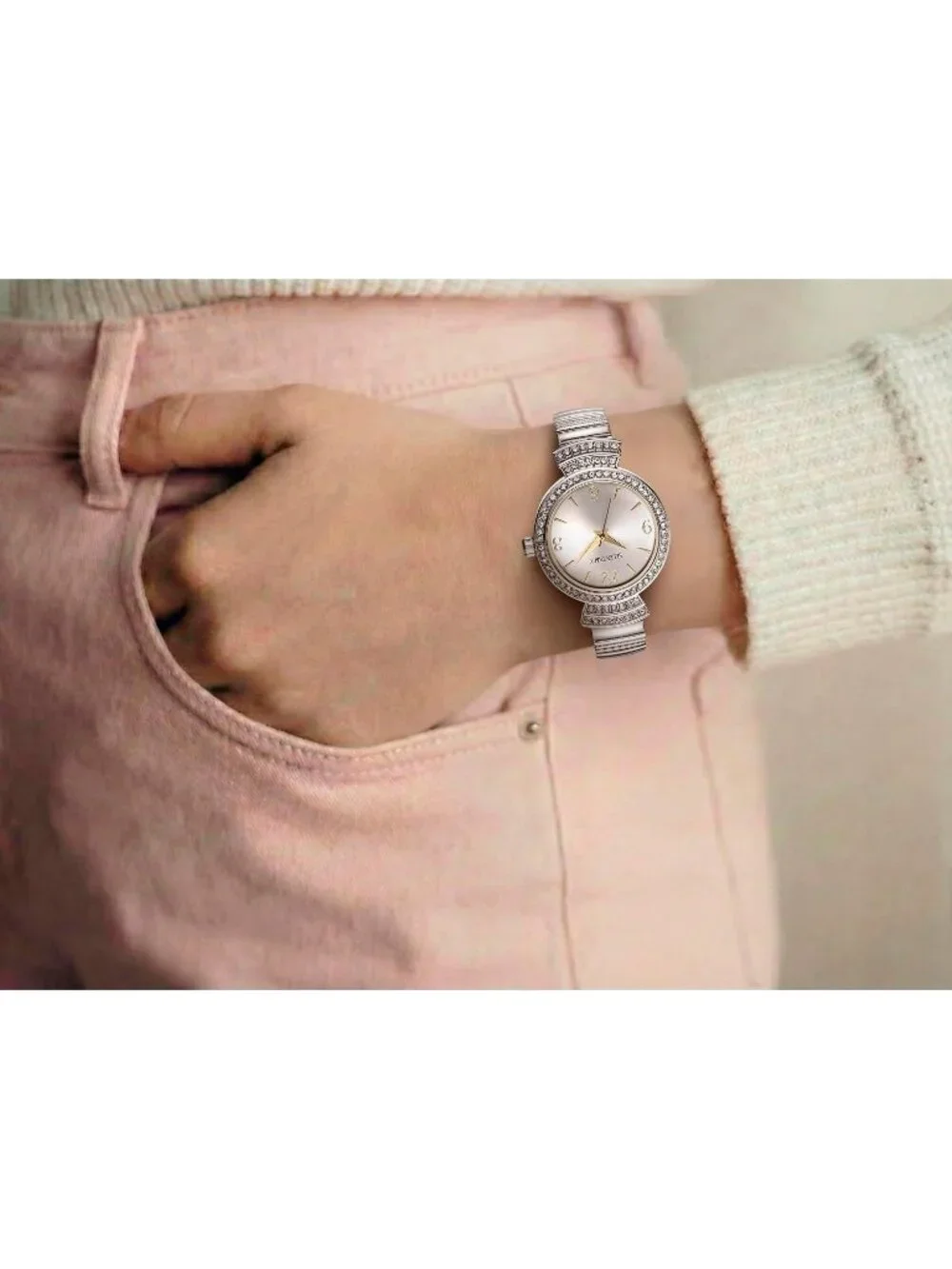 Women's Silver Round Silver Tone Crystal Accents Expansion Band Wrist Watches